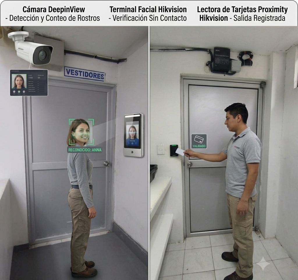 Panel de ingreso con reconocimiento facial y DeepinView, y panel de salida con lectora de tarjetas IR en vestidores